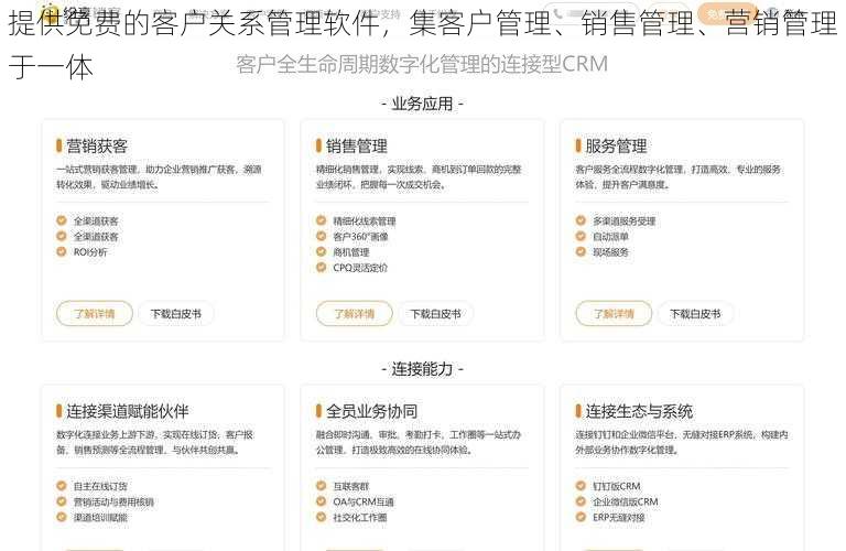 提供免费的客户关系管理软件，集客户管理、销售管理、营销管理于一体