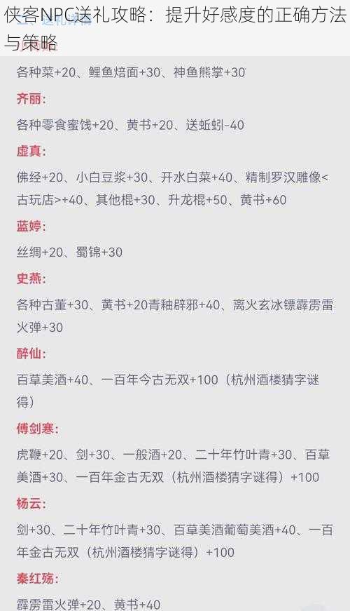 侠客NPC送礼攻略：提升好感度的正确方法与策略