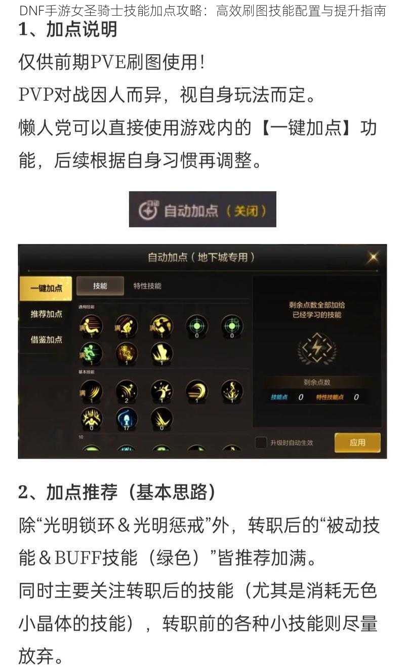 DNF手游女圣骑士技能加点攻略：高效刷图技能配置与提升指南