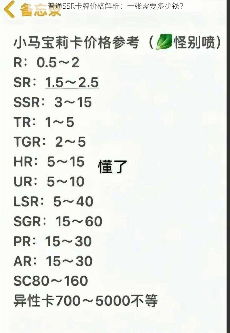 普通SSR卡牌价格解析：一张需要多少钱？